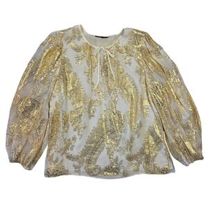 Kobi Halperin Womens Gold Paisley Silk Tie Neck Puff Sleeve Blouse L Feminine